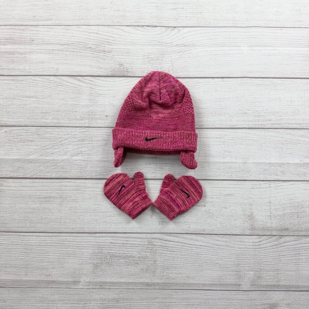 Nike Toddler Knit Hat & Mittens Set Pink Marled Swoosh Winter Beanie Gloves